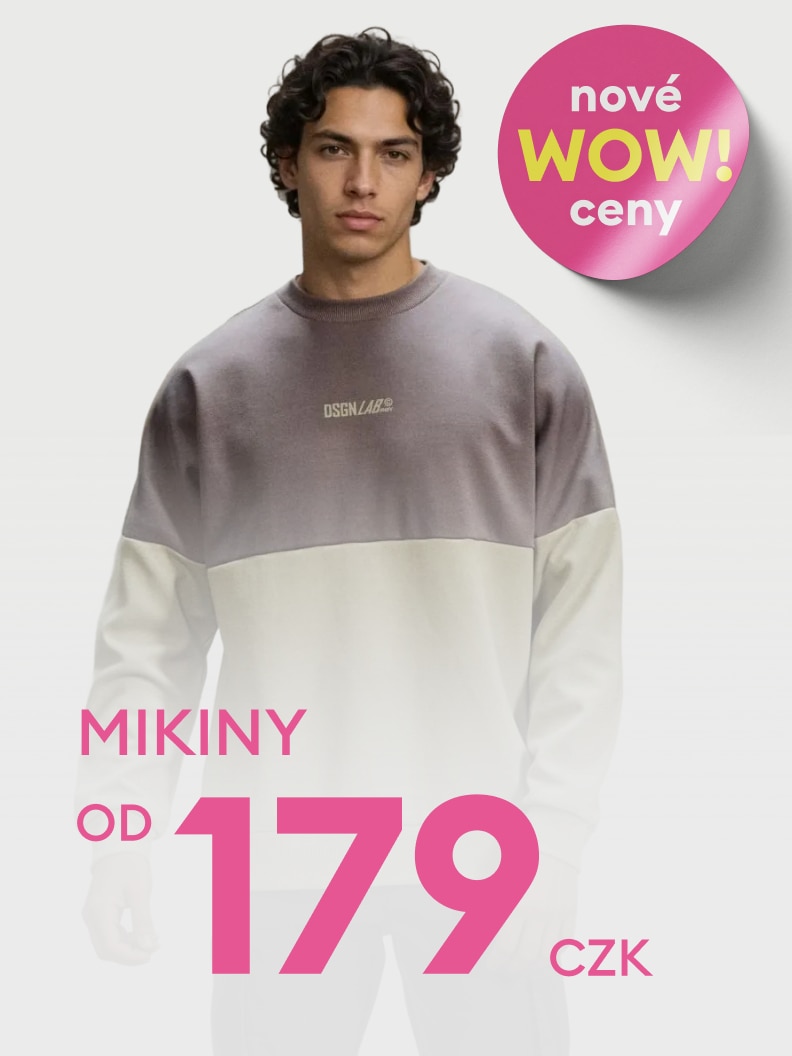 Propagační obrázek upozorňující na výhodnou nabídku mikin s nízkou nástupní cenou v rámci akční kampaně.