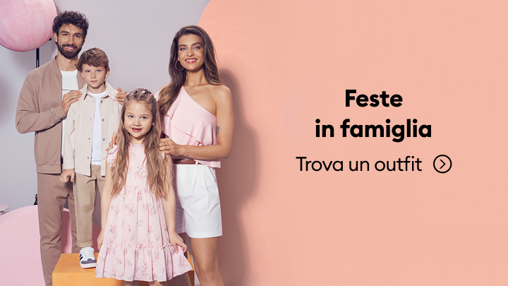 Promozione di outfit coordinati per feste in famiglia, con adulti e bambini vestiti in modo elegante, pensata per ispirare la scelta di abbigliamento per occasioni speciali.