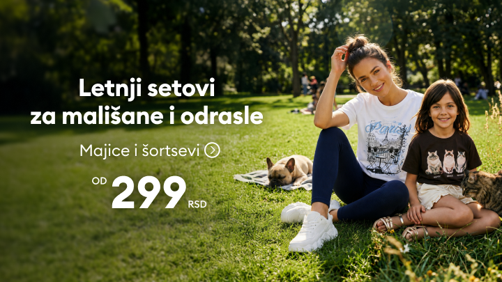 Promocija letnjih setova za decu i odrasle, uključujući majice i šortseve, dostupno po ceni od 299 RSD.