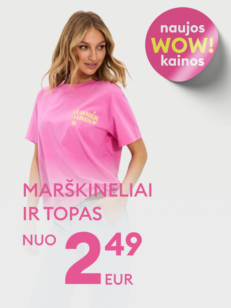Reklaminė žinutė, skatinanti įsigyti marškinėlius ir topus su ypatingai mažomis kainomis ir naujais pasiūlymais.