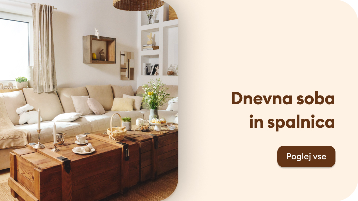 Promocijski prikaz navdiha in ponudbe za opremljanje dnevne sobe in spalnice, namenjen spodbujanju raziskovanja pohištva in idej za dom.