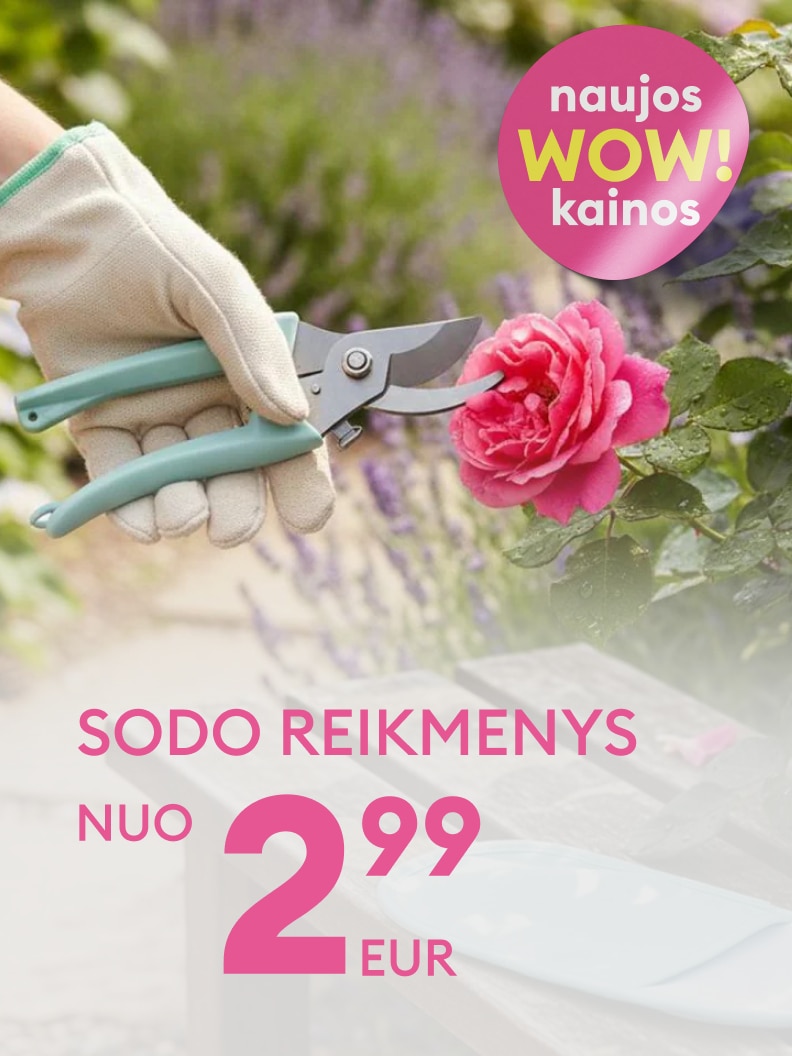 Reklaminis pasiūlymas, skatinantis įsigyti sodo reikmenis su ypatingomis kainomis, skirtas sodininkystės darbams ir augalų priežiūrai.