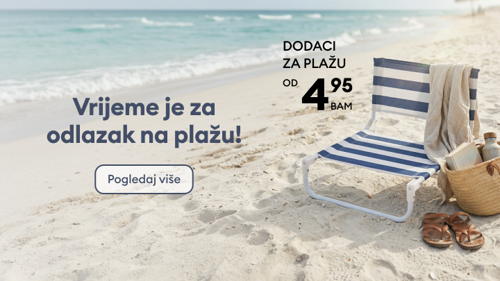 Promotivna poruka koja potiče kupovinu dodataka za plažu i poziva korisnika da istraži sezonsku ponudu za odlazak na plažu.