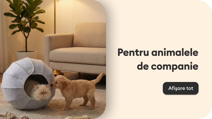 Promovare categorie produse pentru animalele de companie, sugerând confort, siguranță și joacă pentru câini și pisici în mediul de acasă.