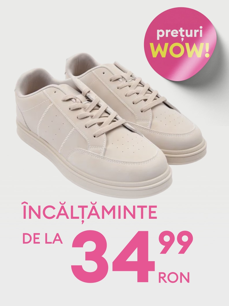 Ofertă promoțională pentru încălțăminte, cu prețuri începând de la 34,99 RON.