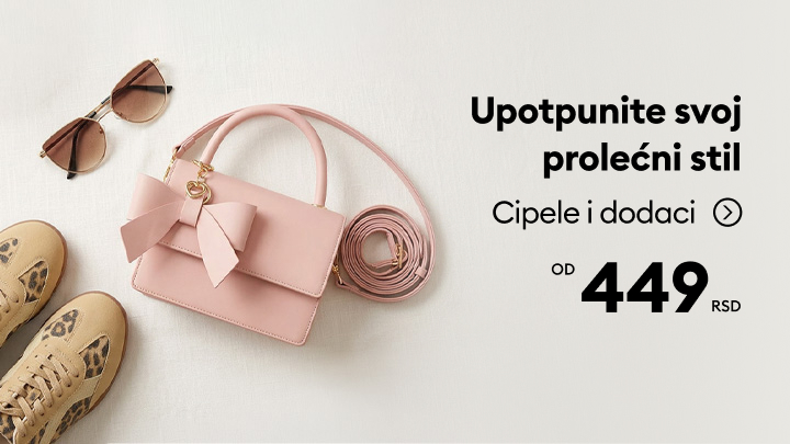 Promotivni baner koji poziva da se upotpuni prolećni stil uz cipele i dodatke, sa ponudom po ceni od 449 RSD.