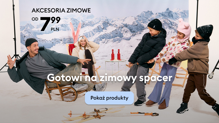 Reklama akcesoriów zimowych dostępnych od 7,99 zł. W tle motyw zimowych gór, sesja odbywa się w studiu. Napis 