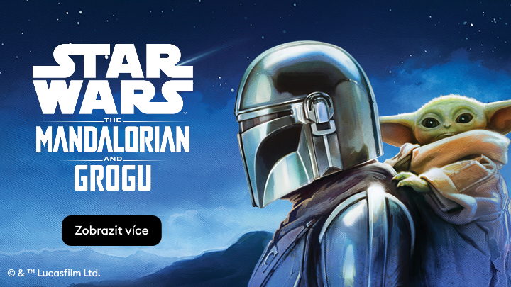 Propagační banner představující tematickou nabídku Star Wars: The Mandalorian s postavami Mandaloriana a Grogu.