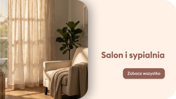 Baner promujący ofertę wyposażenia i aranżacji salonu oraz sypialni, zachęcający do przejścia do pełnej oferty produktów.
