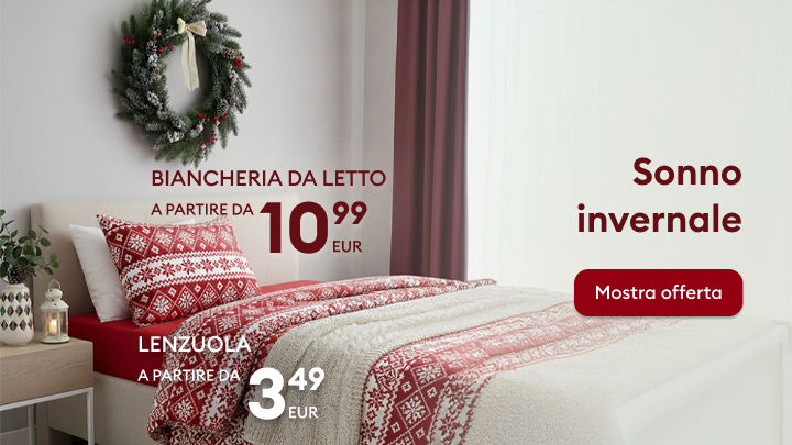 Letto decorato con biancheria in stile invernale. Offerte disponibili: biancheria da letto da 10,99 euro e lenzuola da 3,49 euro. Perfetto per un sonno caldo e accogliente durante l'inverno. Scopri di più cliccando sul pulsante 