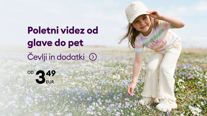 Promocija poletnega videza od glave do pet za otroke, s poudarkom na obutvi in dodatkih ter ugodnih cenah.