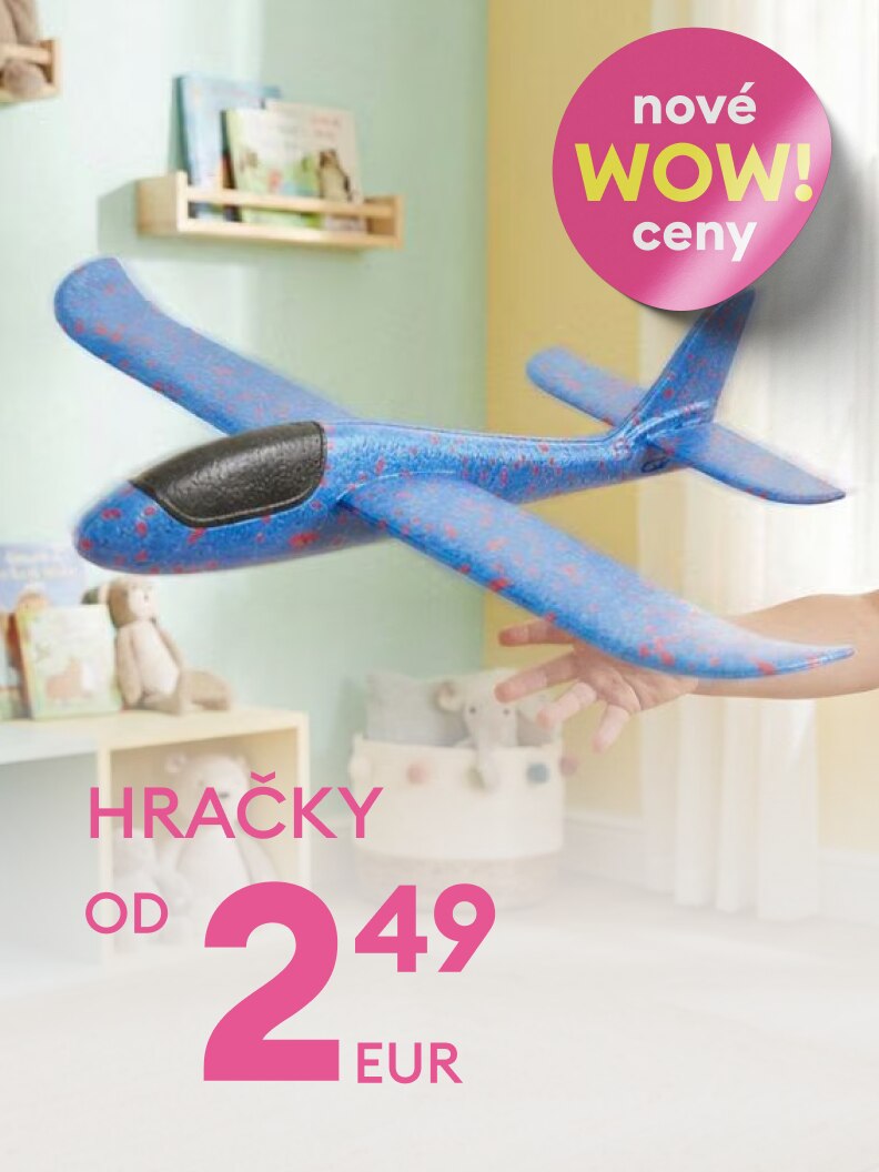 Propagačný vizuál upozorňuje na cenovú akciu na detské hračky, najmä hádzacie lietadlo, určené na zábavnú a bezpečnú hru pre deti.