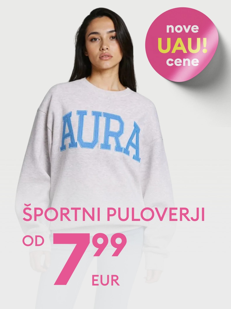 Promocija športnih puloverjev z novo ugodno ceno, na voljo od 7,99 EUR, predstavljena na modelu za prikaz izdelka.