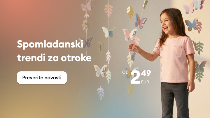 Promocijski oglas predstavlja spomladanske modne trende za otroke ter vabi k ogledu novih izdelkov po ugodni izhodiščni ceni.