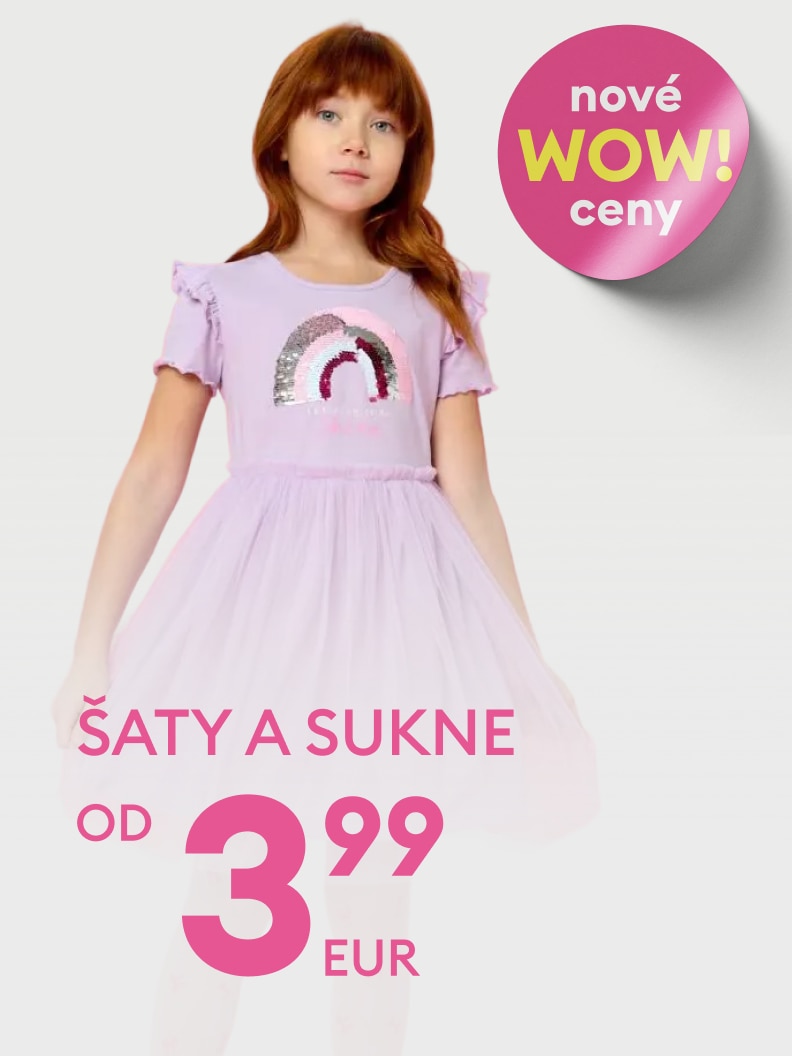 Propagačný vizuál detských šiat a sukní, ktorý informuje o novej akcii a výhodných znížených cenách.