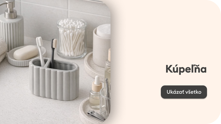 Prezentácia kúpeľňovej kategórie s praktickými doplnkami na organizáciu a hygienu, ktorá navádza k prehliadaniu celej ponuky.