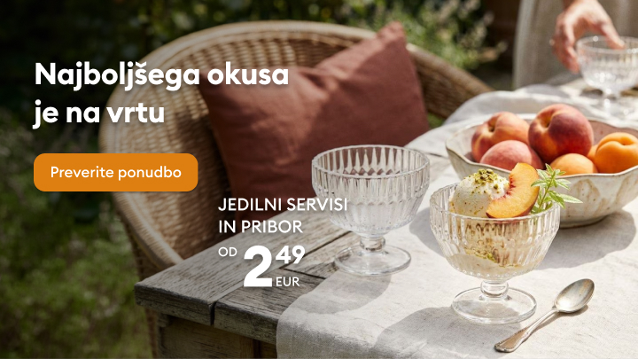 Promocija jedilnih servisov in pribora za uživanje ob obrokih na vrtu, z ugodno začetno ceno, namenjena spodbudi k ogledu ponudbe.