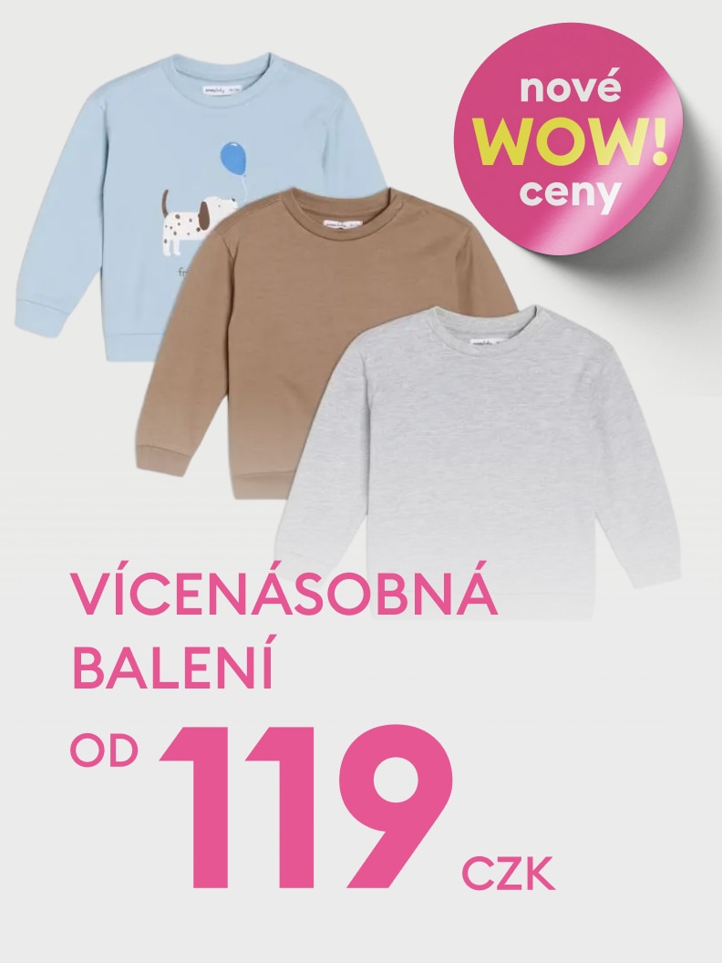 Vícenásobné balení dětských mikin za zvýhodněnou cenu od 119 Kč. Nabídka zahrnuje různé vzory mikin vhodných pro děti. Speciální akce s označením „nové WOW ceny“, ideální pro cenově výhodný nákup základního oblečení.