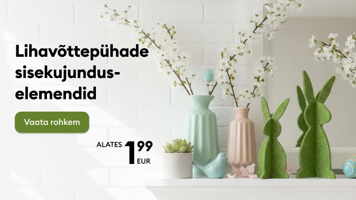 Reklaam, mis tutvustab lihavõttepühade sisekujunduse tooteid ja kutsub ostlema, rõhutades hooajalist kodu kaunistamist ning soodsat alghinda.