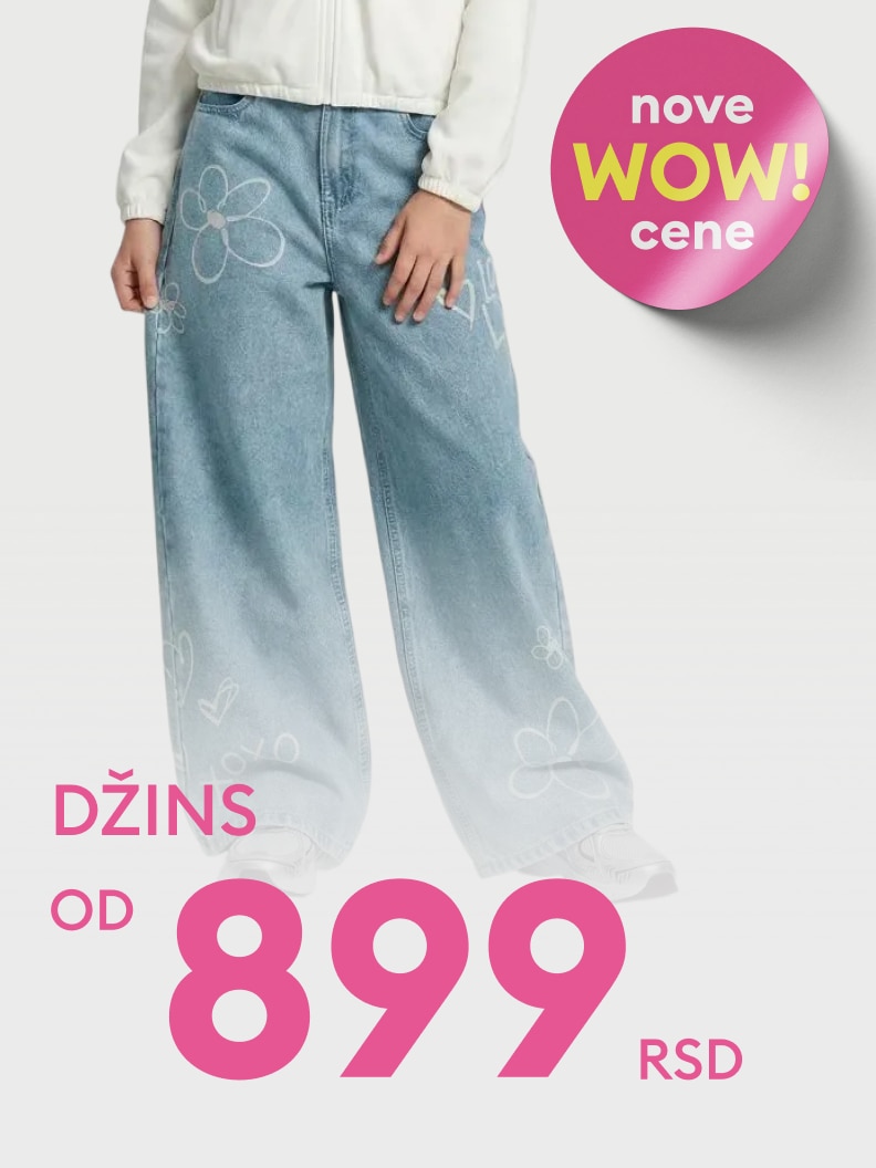 Promotivna ponuda farmerki sa modernim dizajnom, predstavljena kao deo nove akcije sa povoljnim cenama, namenjena kupcima koji traže pristupačnu odeću.