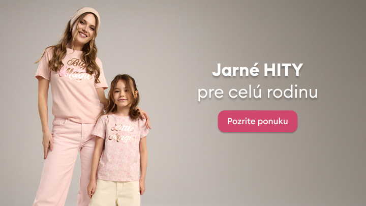Propagačný banner predstavujúci jarnú kolekciu oblečenia pre celú rodinu s výzvou na prehliadnutie ponuky.