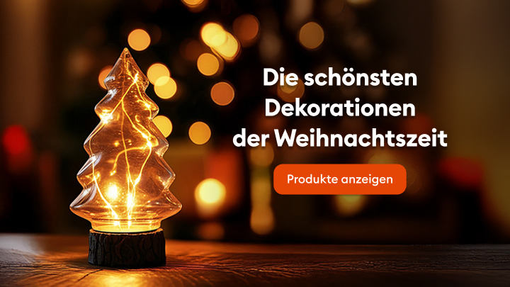 Die Abbildung zeigt eine stilvolle Weihnachtsdekoration in Form eines beleuchteten Baumes. Begleittext lädt dazu ein, die schönsten Dekorationen der Weihnachtszeit zu entdecken. Es gibt die Möglichkeit, auf "Produkte anzeigen" zu klicken, um weitere Angebote zu sehen.