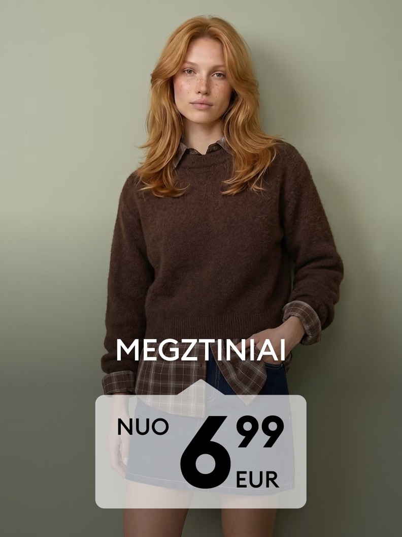 Moteriškų megztinių kolekcijos reklama su kasdieniu rudens aprangos deriniu ir akcine kaina nuo 6,99 EUR