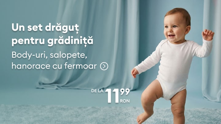 Set de haine pentru bebeluși potrivit pentru grădiniță, incluzând body-uri, salopete și hanorace cu fermoar la preț promoțional.