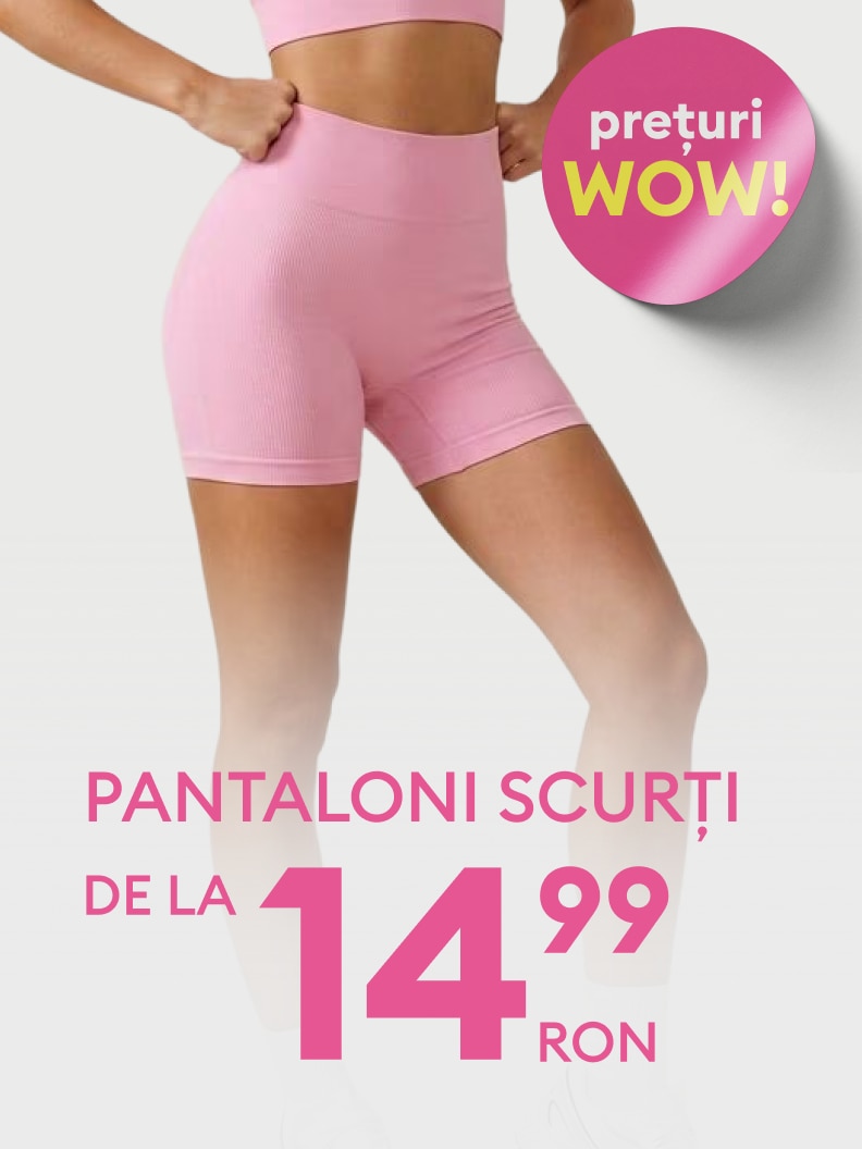 Promovare pantaloni scurți pentru femei, cu talie înaltă, evidențiind o ofertă promoțională cu preț de la 14,99 RON.