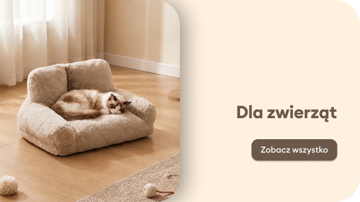 Oferta akcesoriów i legowisk dla zwierząt domowych z relaksującym kotem na miękkim posłaniu
