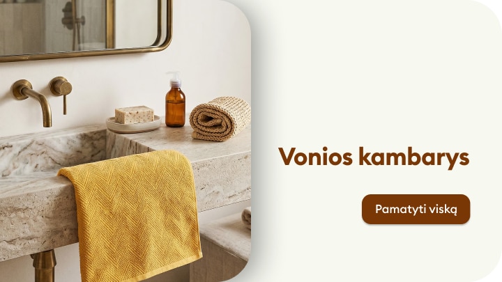 Vonios kambario tekstilė ir aksesuarai jaukiam bei funkcionaliam interjerui