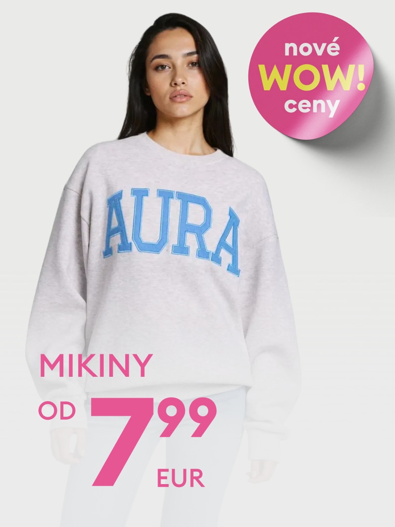 Propagačný vizuál oznamujúci zľavnené mikiny s novými výhodnými cenami, dostupné už od 7,99 €.