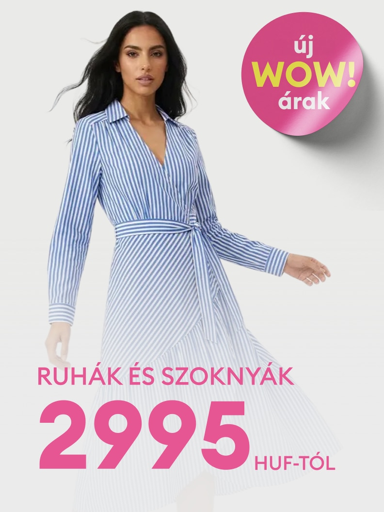 Női ruhák és szoknyák promóciója új, kedvezményes ajánlatokkal, a kollekció stílusának bemutatásával és az alacsony kezdőár hangsúlyozásával.