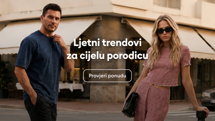 Promotivna poruka koja najavljuje ljetne modne trendove za cijelu porodicu i poziva korisnika da istraži aktuelnu ponudu.