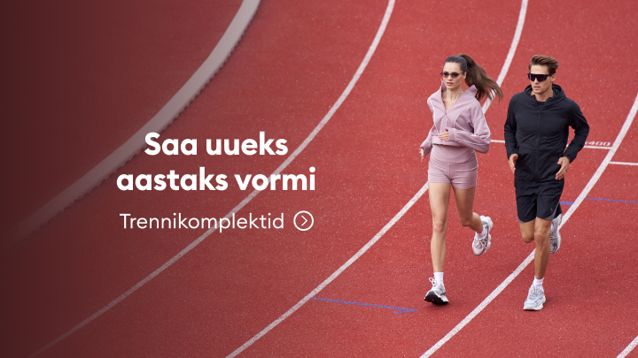 Sörkijad staadioni jooksurajal koos tekstiga, mis kutsub treenima ja vormi saama. Esile tõstetakse sõnum "Saa uueks aastaks vormi" ja link "Treeningkomplektid", mis suunab vastava tootekategooria juurde. Sobib sportimise ja aktiivse eluviisi edendamiseks.