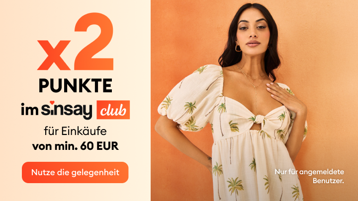Werbebanner für das Sinsay‑Clubprogramm mit Aktion: doppelte Punkte bei Einkäufen ab 60 EUR, exklusiv für angemeldete Nutzer.