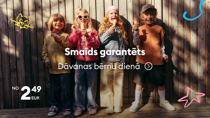 Akcija, kas aicina iegādāties pieejamas dāvanas Bērnu dienai, uzsverot prieku bērniem un izdevīgu cenu kā galveno ieguvumu.