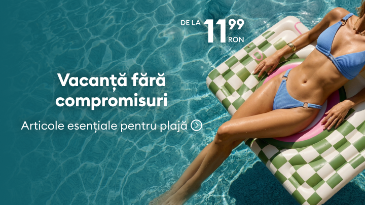Promovare de articole esențiale pentru plajă, sugerând o vacanță relaxantă și confortabilă, cu ofertă de preț de pornire avantajoasă.