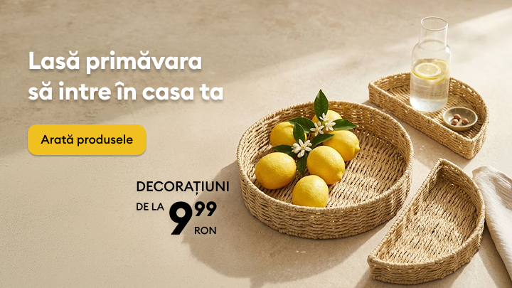 Promovează decorațiuni de primăvară pentru casă, sugerând o atmosferă proaspătă și naturală și invitând utilizatorul să descopere produsele disponibile.