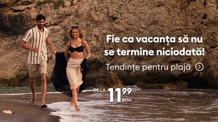 Colecție de haine pentru plajă și vacanță, prezentând ținute lejere pentru zile petrecute la mare la preț promoțional.
