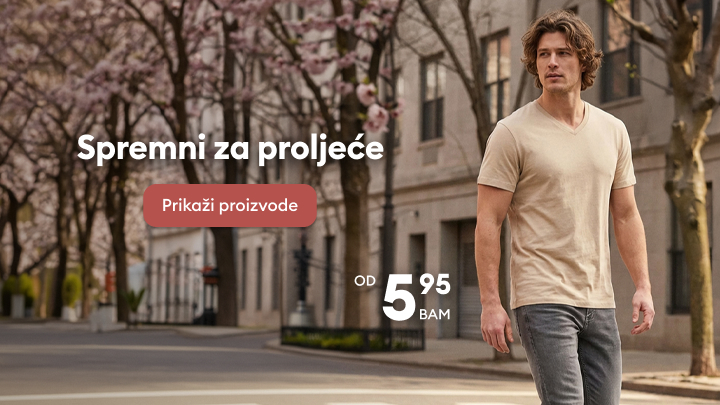 Promocija proljetne odjeće, naglašava sezonski stil i povoljnu početnu cijenu te potiče korisnike da pregledaju ponudu.