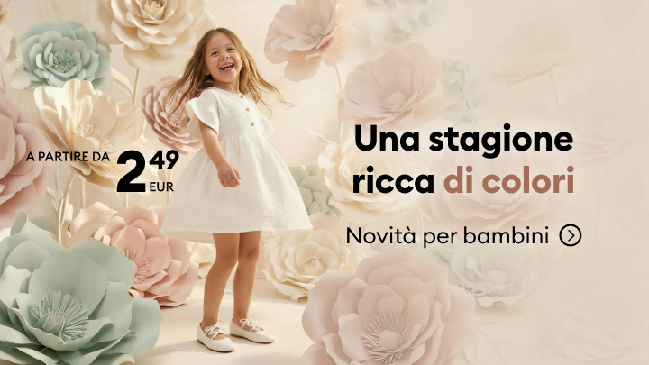 Promozione di una nuova collezione stagionale per bambini, che invita a scoprire le novità e comunica prezzi a partire da 2,49 euro.