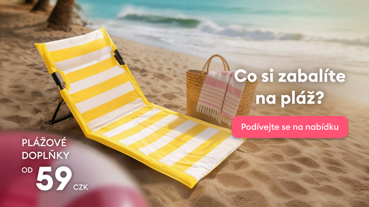 Propagace plážových doplňků určených pro pohodlný pobyt na pláži s výzvou k prohlédnutí dostupné nabídky za dostupnou cenu.