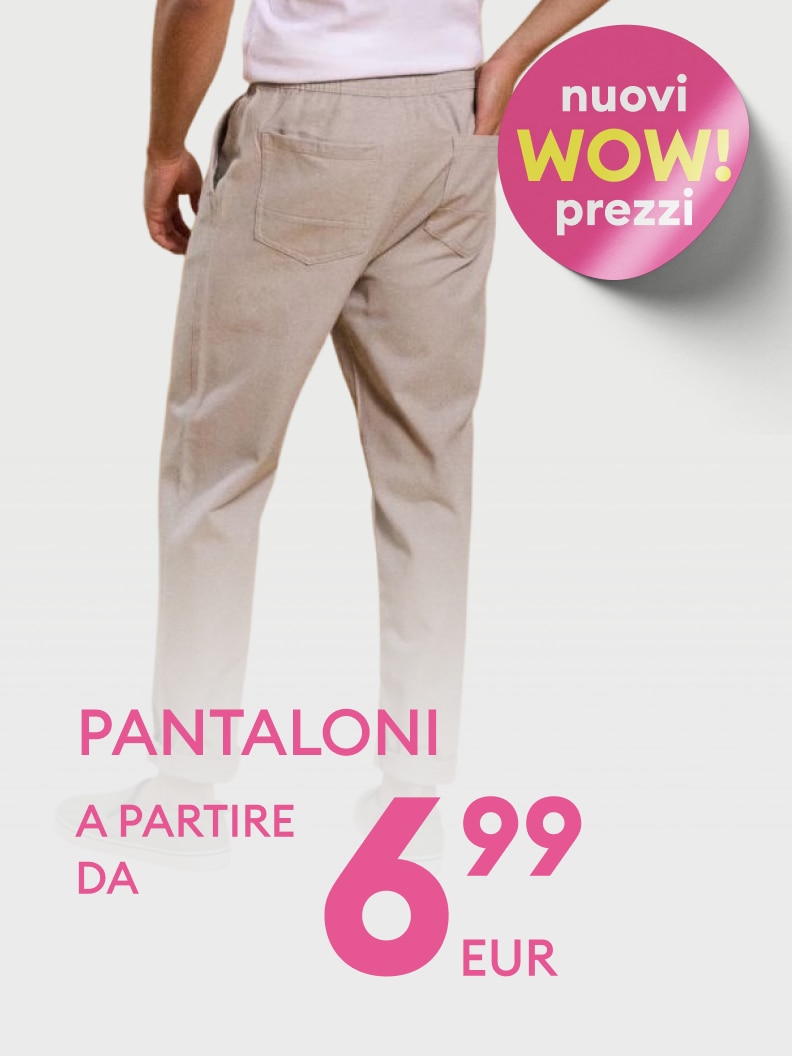 Promozione di pantaloni da uomo con prezzi promozionali e offerta speciale, pensata per comunicare convenienza e incentivare l’acquisto.