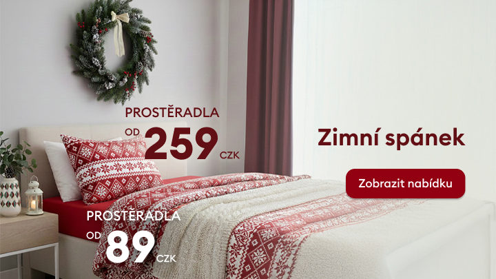 Nabídka zimního povlečení a prostěradel s vánočními motivy. Cena prostěradel začíná od 89 Kč, zimní povlečení od 259 Kč. Pohodlný a stylový design pro váš útulný zimní spánek. Klikněte na tlačítko „Zobrazit nabídku“ pro více informací. banner