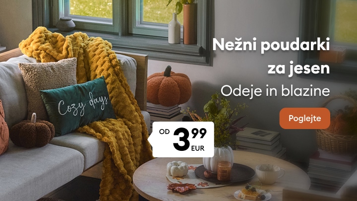 Jesenska ponudba mehkih odej in blazin za ustvarjanje udobnega domačega vzdušja.