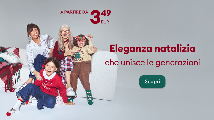 Offerta moda natalizia a partire da 3,49 euro. Eleganza festiva pensata per unire le generazioni, creando momenti di gioia familiare. Pulsante 