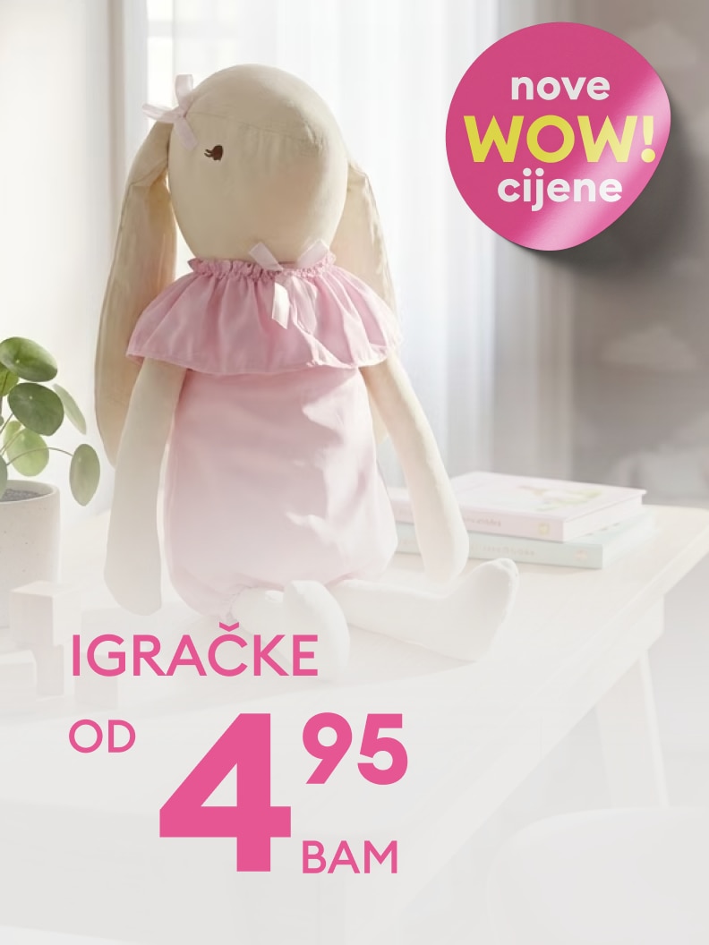 Promotivna poruka o sniženju igračaka, s naglaskom na ponudu plišanih igračaka i početnu cijenu od 4,95 BAM.