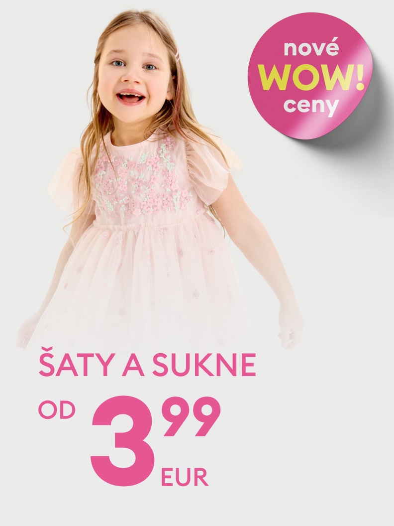 Propagačný banner informujúci o ponuke detských šiat a sukní s novými výhodnými cenami.