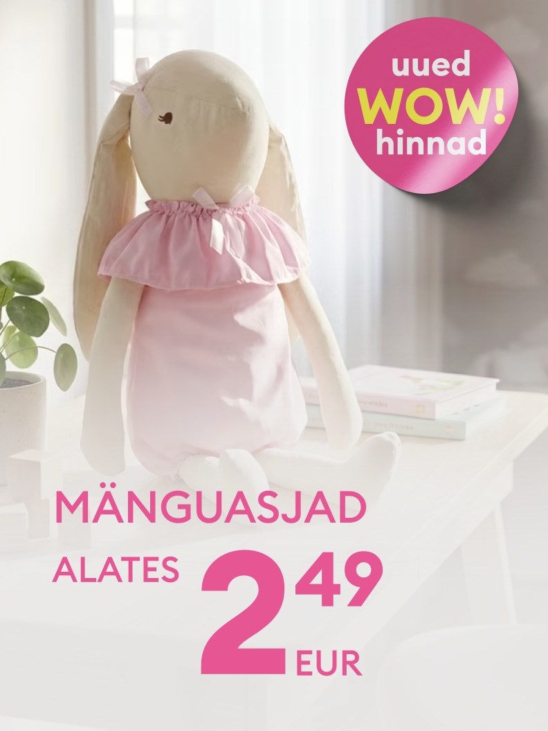Mänguasjade sooduspakkumine, mis tutvustab pehmet mänguasja ja kutsub ostma laste mänguasju erihinnaga.